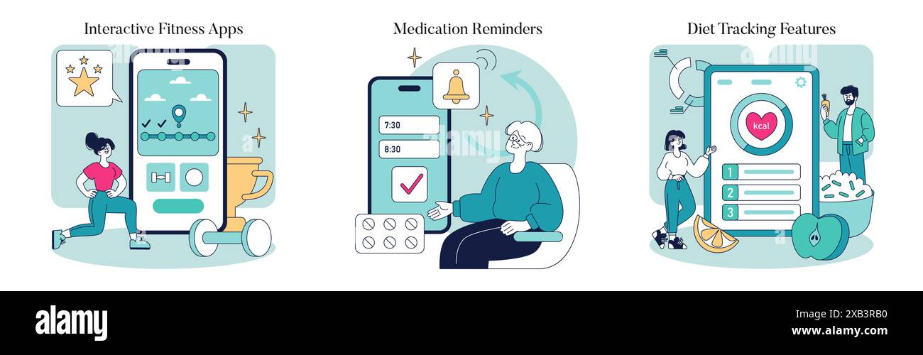 Health Gamification set. Engaging mobile apps for fitness tracking ...