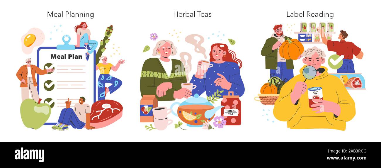 Low Histamine Diet set. Meal planning with fresh foods, enjoying herbal