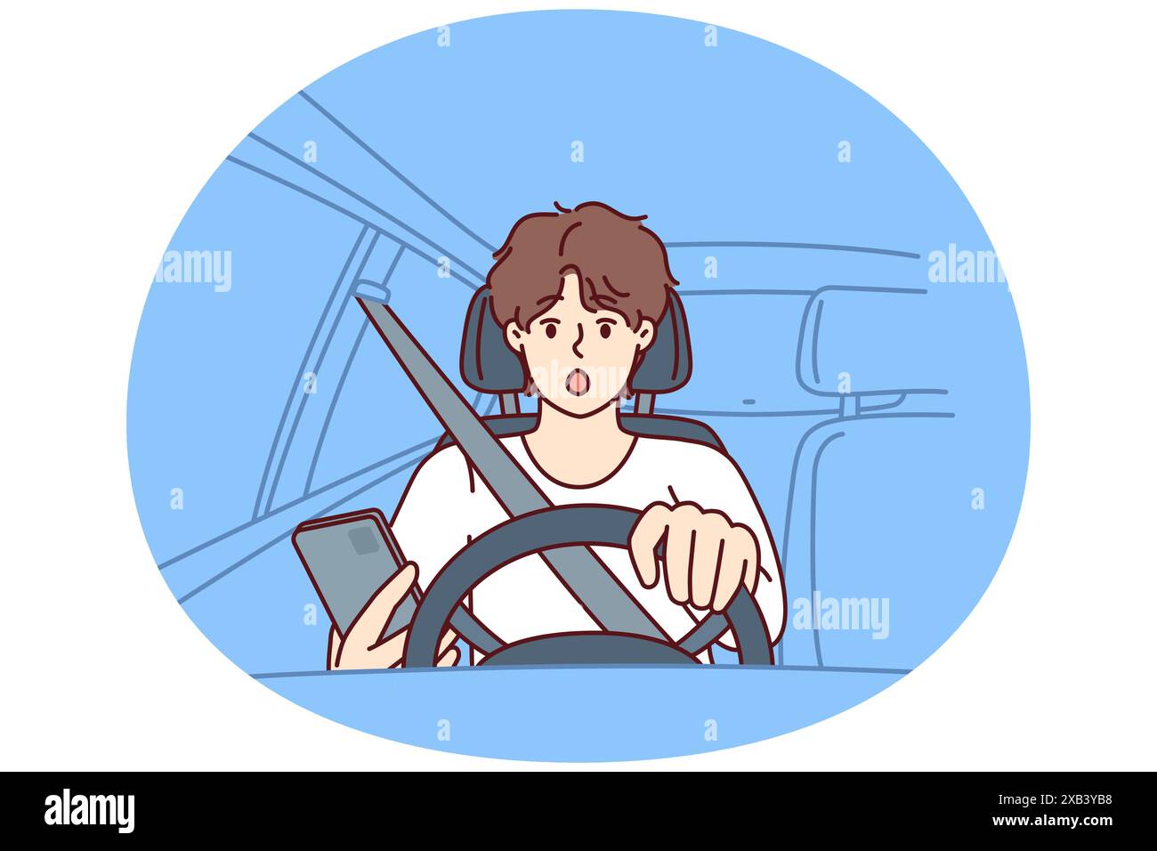 Distracted man driver with phone sits behind wheel of car and gets scared sees obstacle on road or sharp turn. Shocked driver not following traffic rules using smartphone while driving Stock Vector