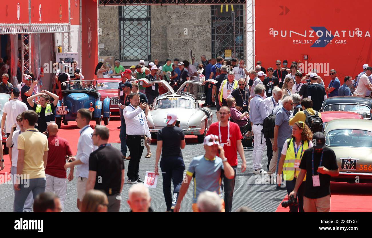 Brescia, Italia. 10th June, 2024. Punzonatura Mille Miglia 2024, Italia