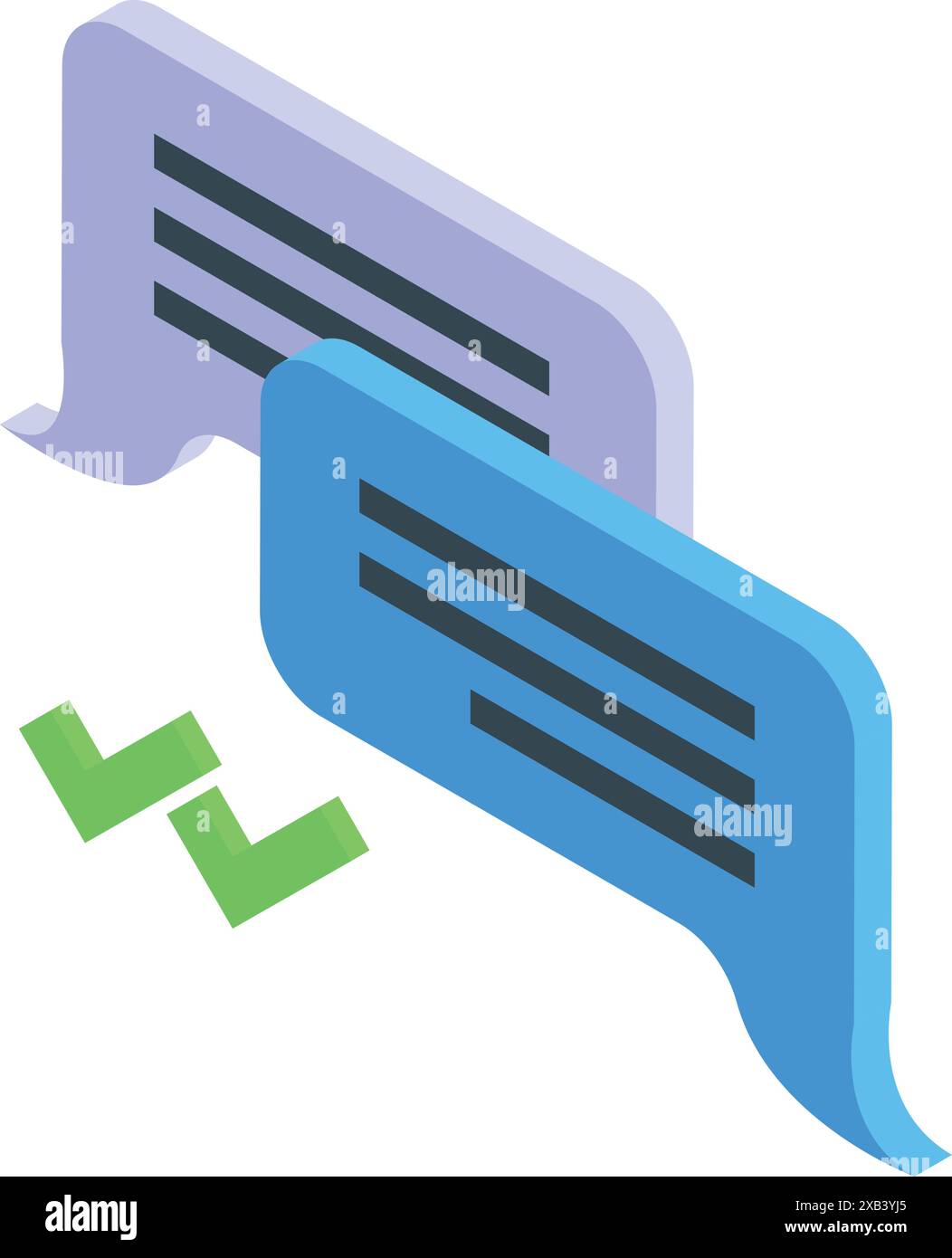 Two speech bubbles are overlapping with two green check marks, representing a successful online conversation Stock Vector