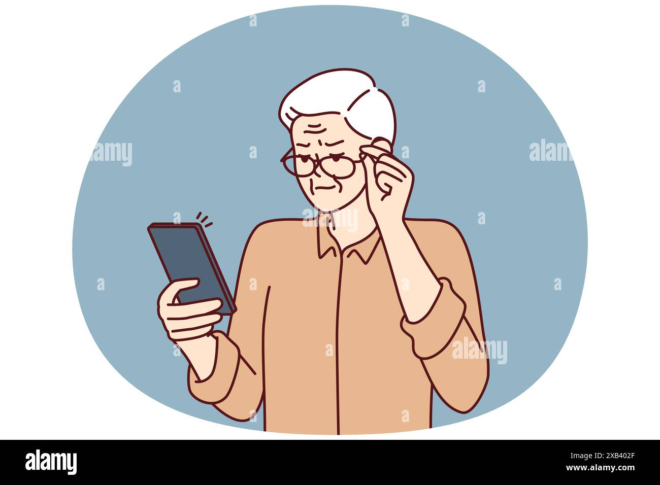 Elderly man with poor eyesight squint looking at screen of mobile phone