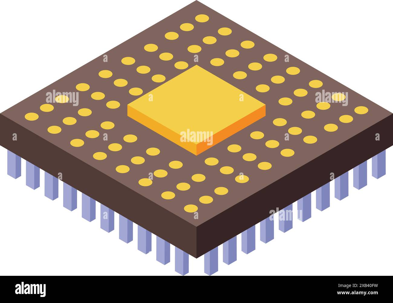 Modern microchip showing isometric view with golden contacts and violet pins is lying on white background Stock Vector