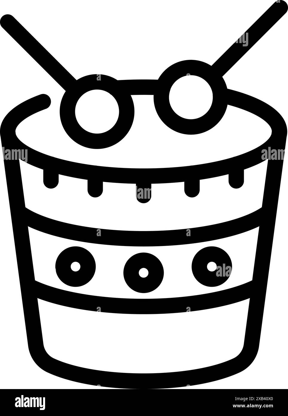 Simple black and white line icon of a drum being played with two sticks ...