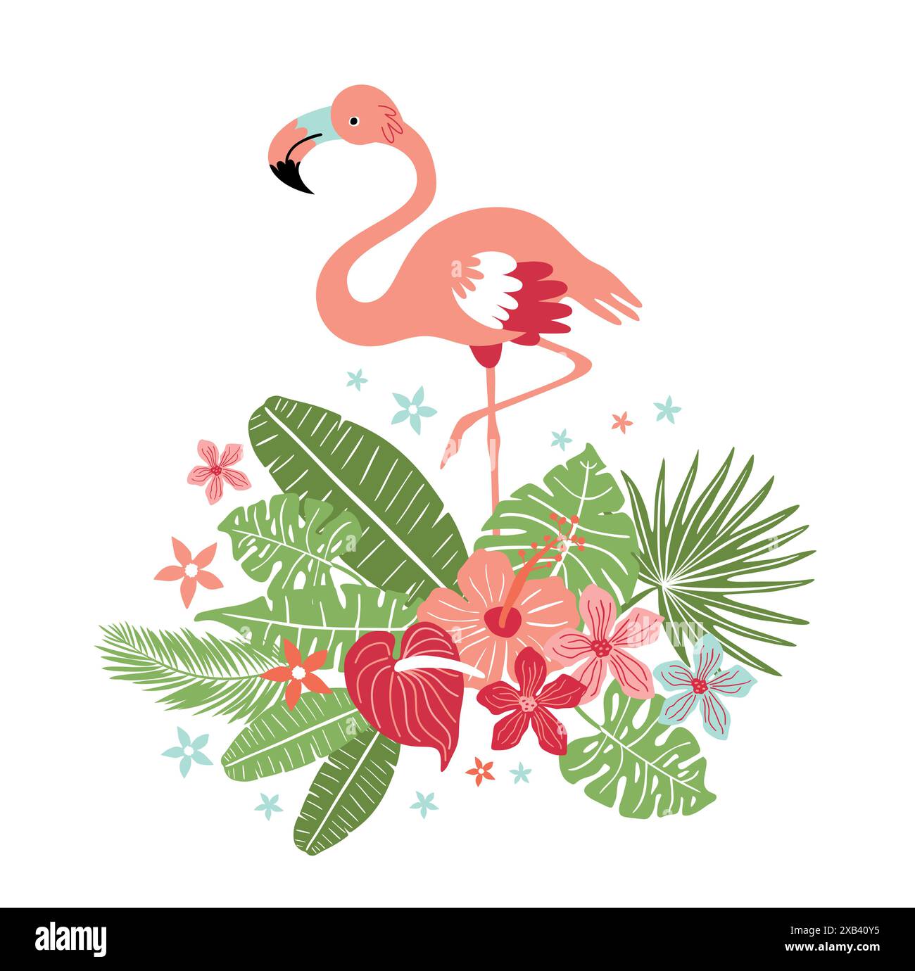 Vector illustration with pink flamingo and tropical plants, template ...