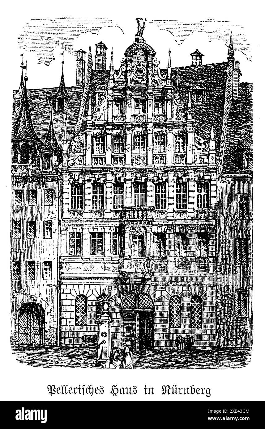 The historical Pellerhaus in Nuremberg is a remarkable example of Renaissance architecture, originally built between 1602 and 1607 by merchant and patrician Martin Peller. Known for its splendid façade, the Pellerhaus features richly decorated gables, intricate stonework, and beautifully carved portals, showcasing the opulence of Nuremberg's wealthy bourgeoisie during the Renaissance. The interior once boasted grand halls and exquisite details reflecting the era's artistic achievements. Although heavily damaged during World War II, parts of the Pellerhaus have been restored, preserving its his Stock Photo