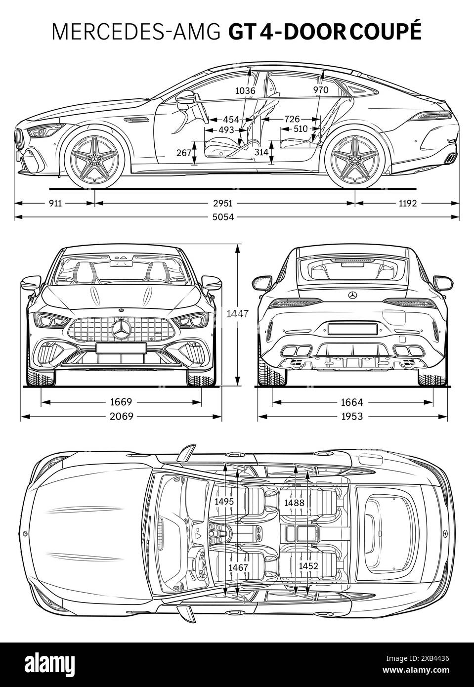 Mercedes AMG GT 4 Door Coupe 2023 car blueprint Stock Vector