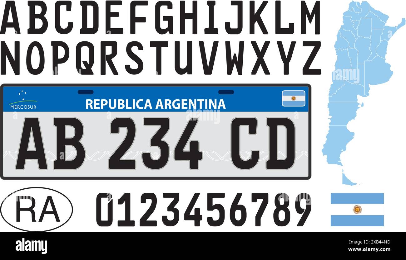 Argentina car license plate, letters, numbers and symbols, Mercosur style, vector illustration Stock Vector
