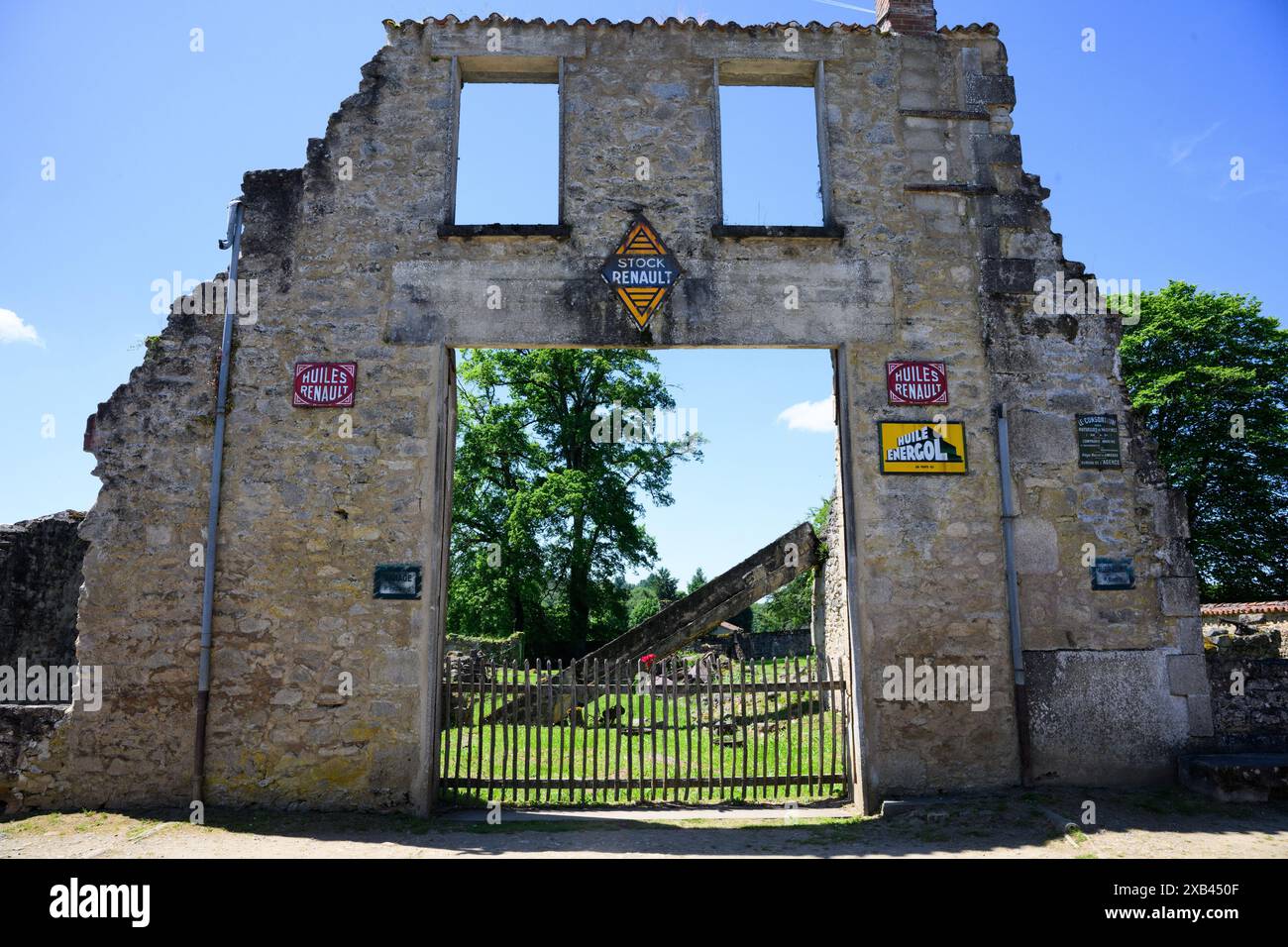 Oradour Sur Glane, France. 10th June, 2024. Ruins of residential buildings in the martyred village of Oradour-Sur-Glane commemorate the massacre during the Second World War. On June 10, 1944, members of the SS division 'Das Reich' murdered 643 civilians in Oradour-Sur-Glane and completely destroyed the village. Hardly anyone responsible was held legally accountable. Credit: Bernd von Jutrczenka/dpa/Alamy Live News Stock Photo
