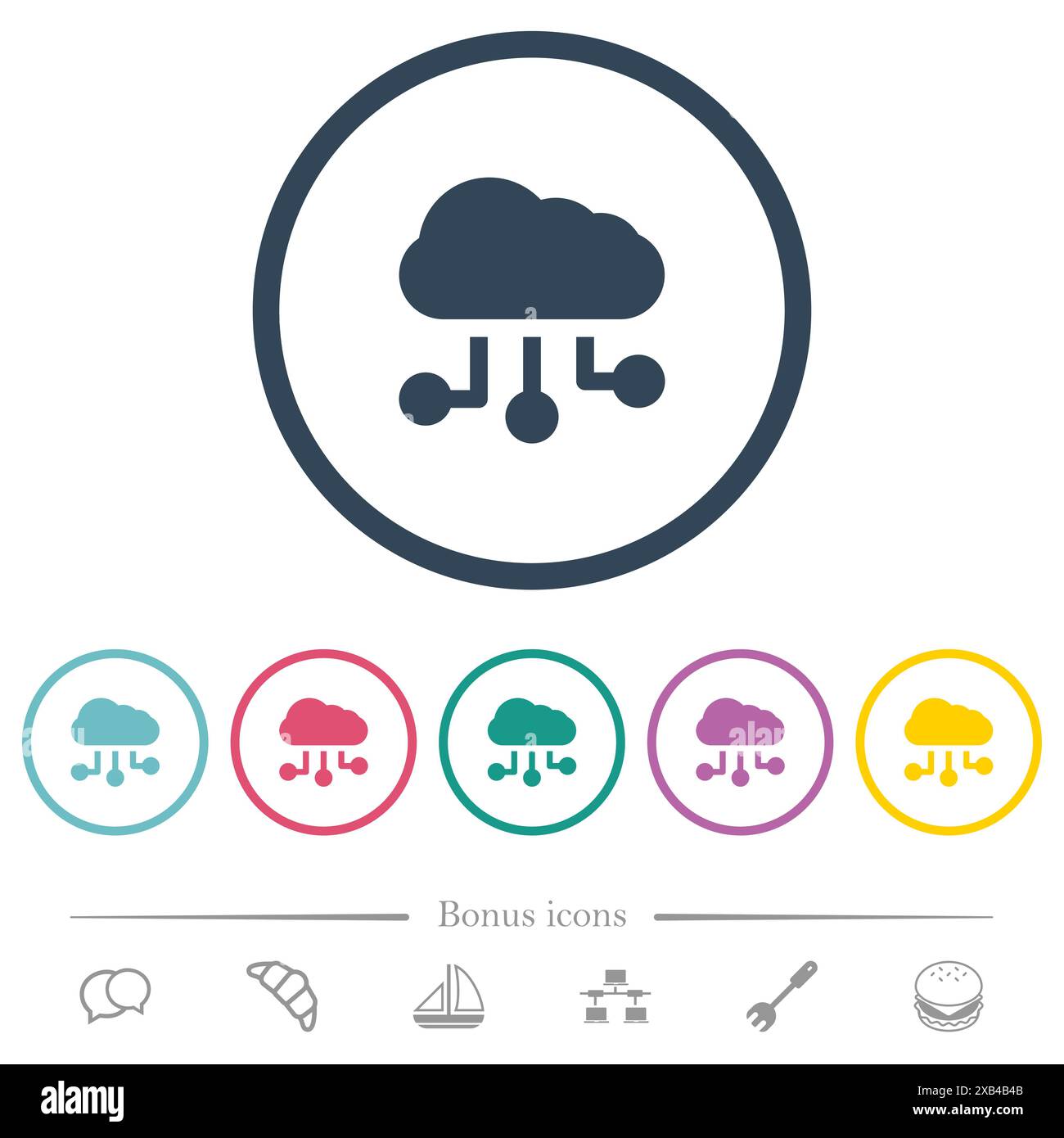 Cloud connections solid flat color icons in round outlines. 6 bonus ...