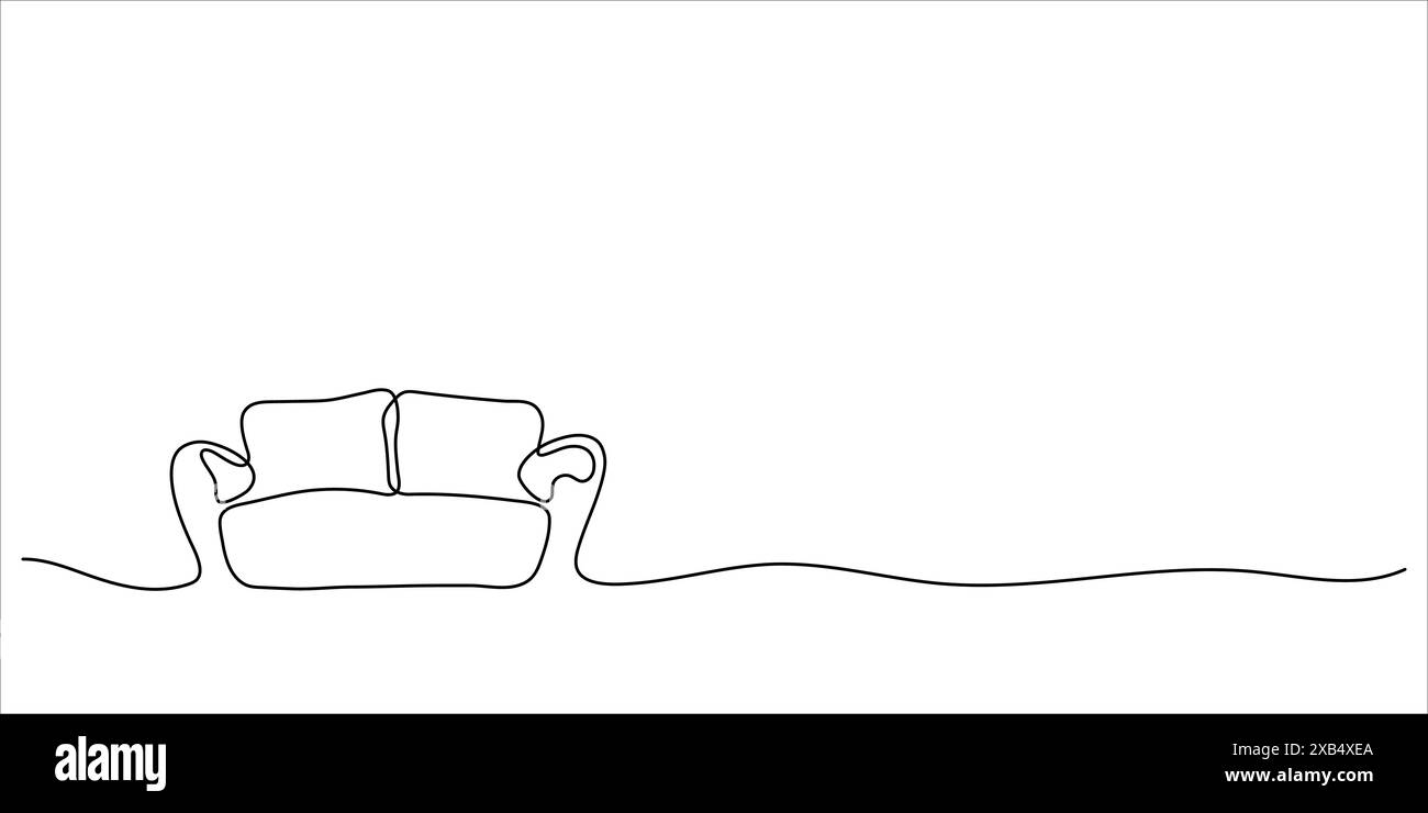 Solid linear drawing of a sofa with pillows in one line. Furniture for relaxation. Minimalist line style Stock Vector