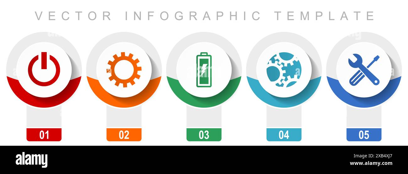 Industry icon set, miscellaneous vector icons such as power, cogwheel, battery and tools, modern design infographic template, web buttons in 5 color o Stock Vector