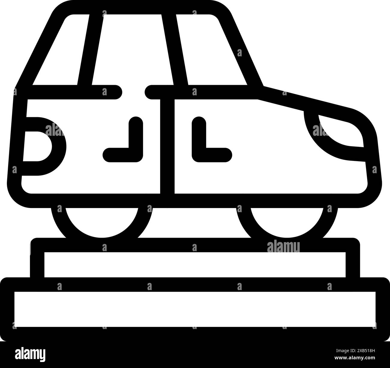 Line drawing of a car dealership showing off a new car on a platform ...