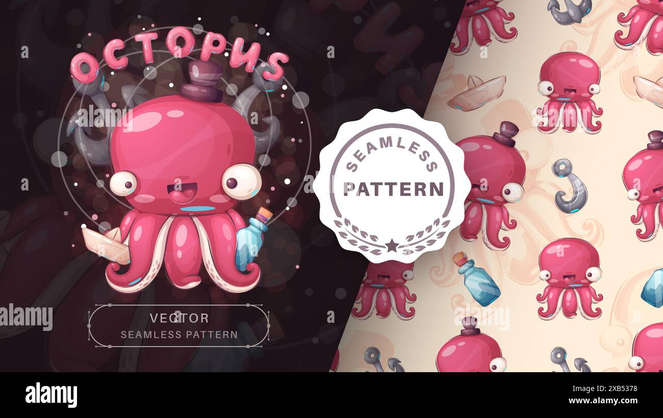 Cartoon character happy animal octopus - seamless pattern Stock Vector ...