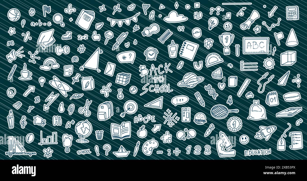 Set of stickers back to school. Vector graphic with elements of school, stationery, notebooks, magnifying glass, backpack, pen and more. Education con Stock Vector