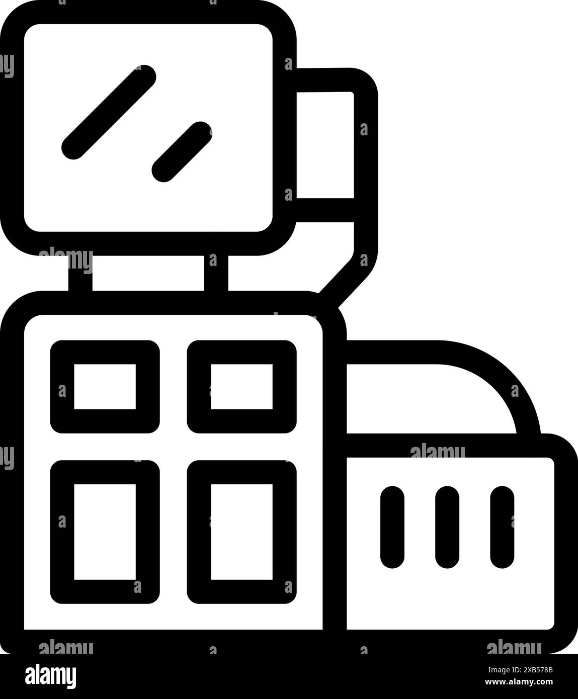Simple black and white icon of a cash register with a monitor and