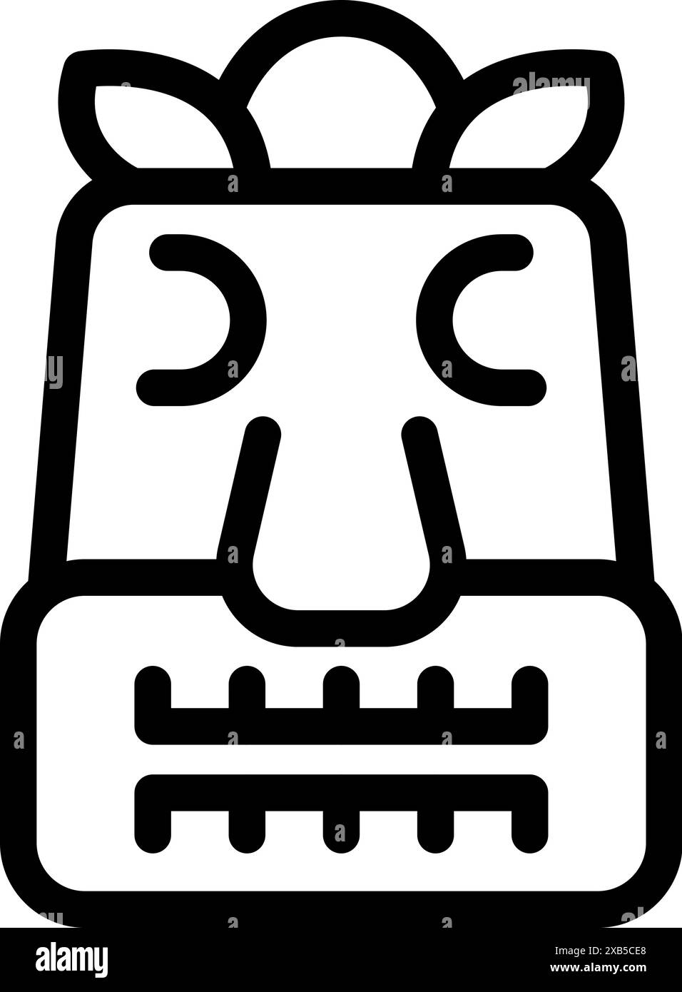 Simple and minimalist line art illustration of a tiki idol with big teeth and leaves on its head Stock Vector