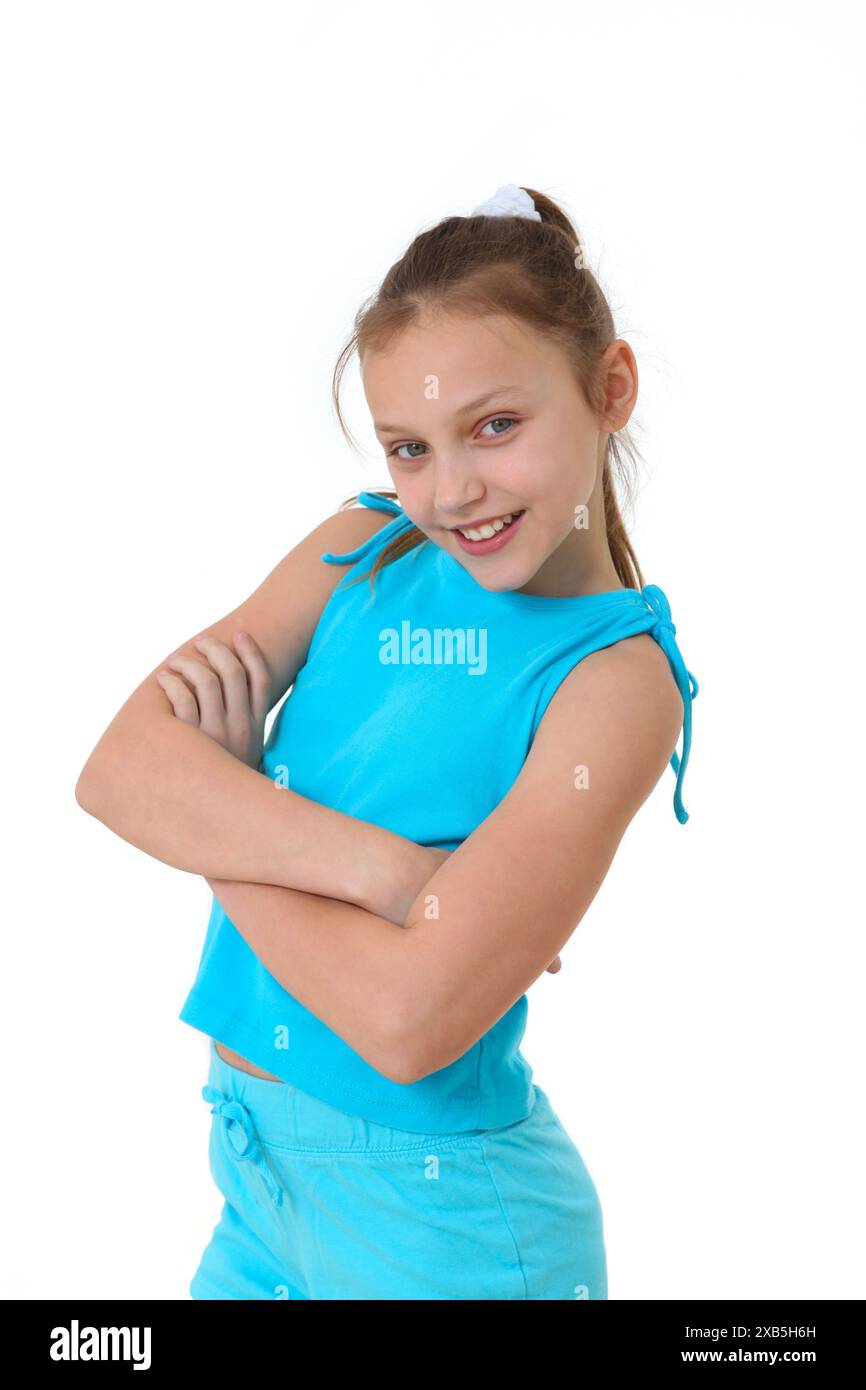 cheerful preteen girl portrait on white background Stock Photo - Alamy