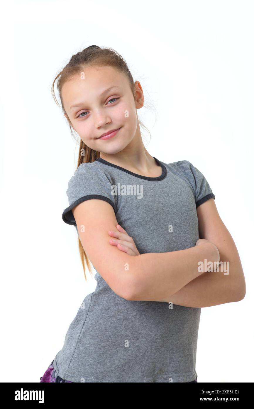 cheerful preteen girl portrait on white background Stock Photo - Alamy