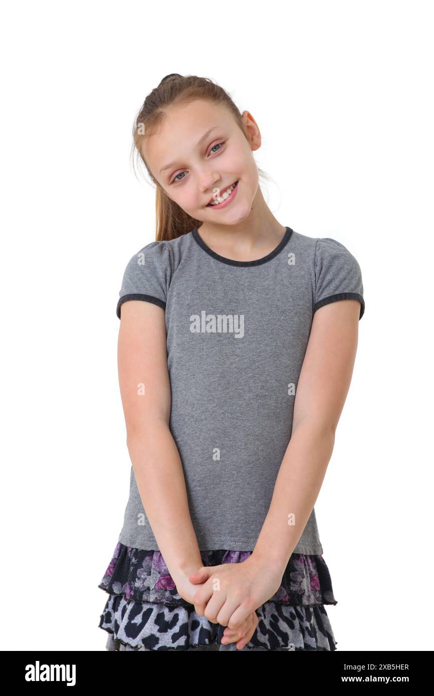 cheerful preteen girl portrait on white background Stock Photo - Alamy