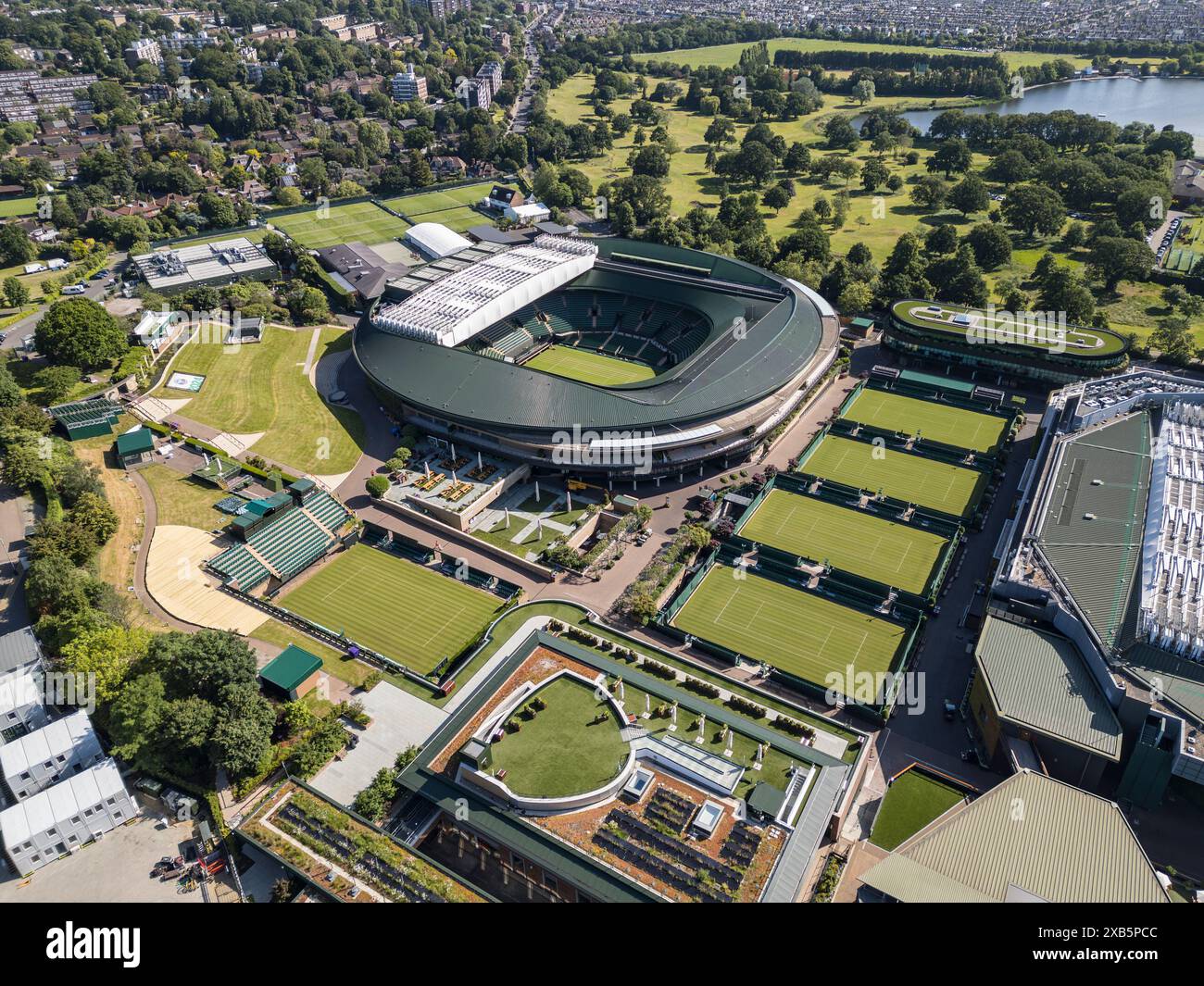 Aerial view of No 1 Court at the All England Lawn Tennis Club or AELTC Aerial view of No 1 Court at the All England Lawn Tennis Club or AELTC