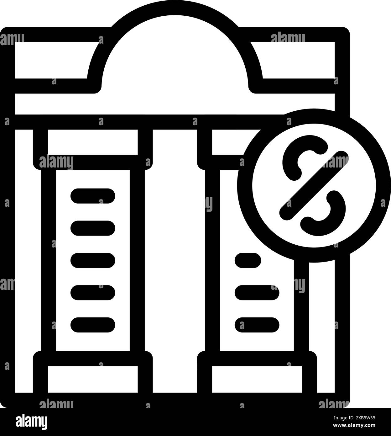 Line art icon of a government building with columns and a crossed out percentage sign, representing budget cuts or lack of funding Stock Vector