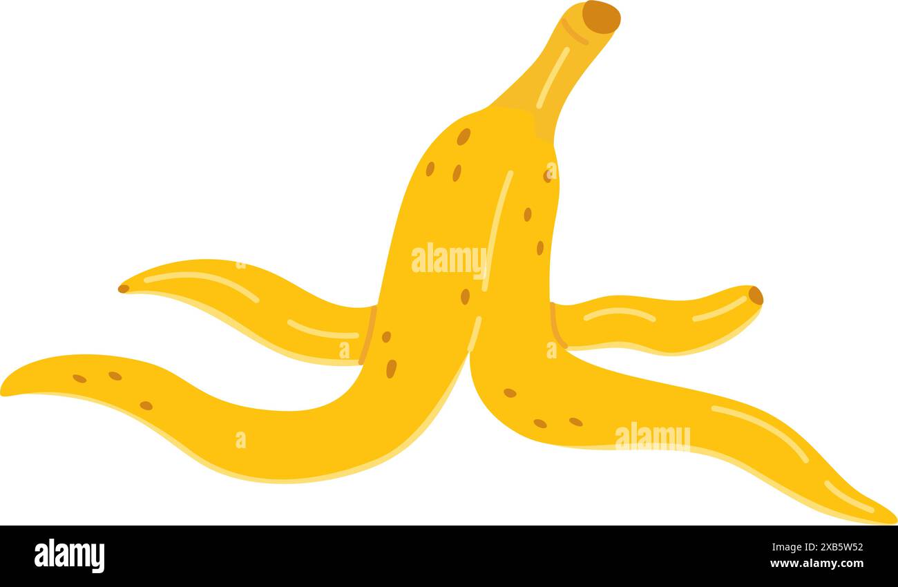 Cartoon banana peel icon. Yellow peel. Tropical organic yellow fruit vegan food. Hand drawn Trendy flat style isolated transparent background for comic art. Vector image clip art illustration Stock Vector