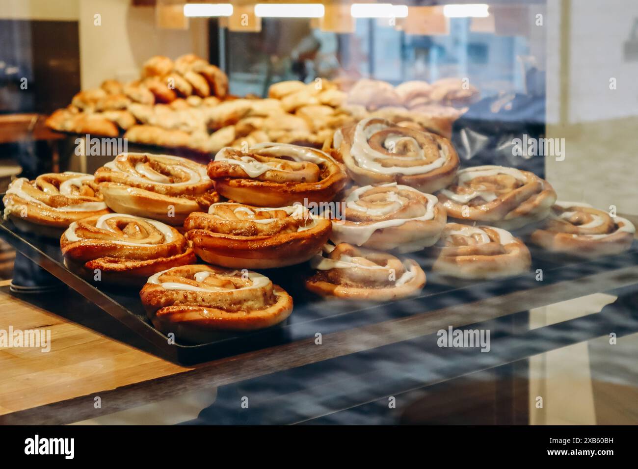 Traditional Danish pastries in a bakery window in Copenhagen Stock ...