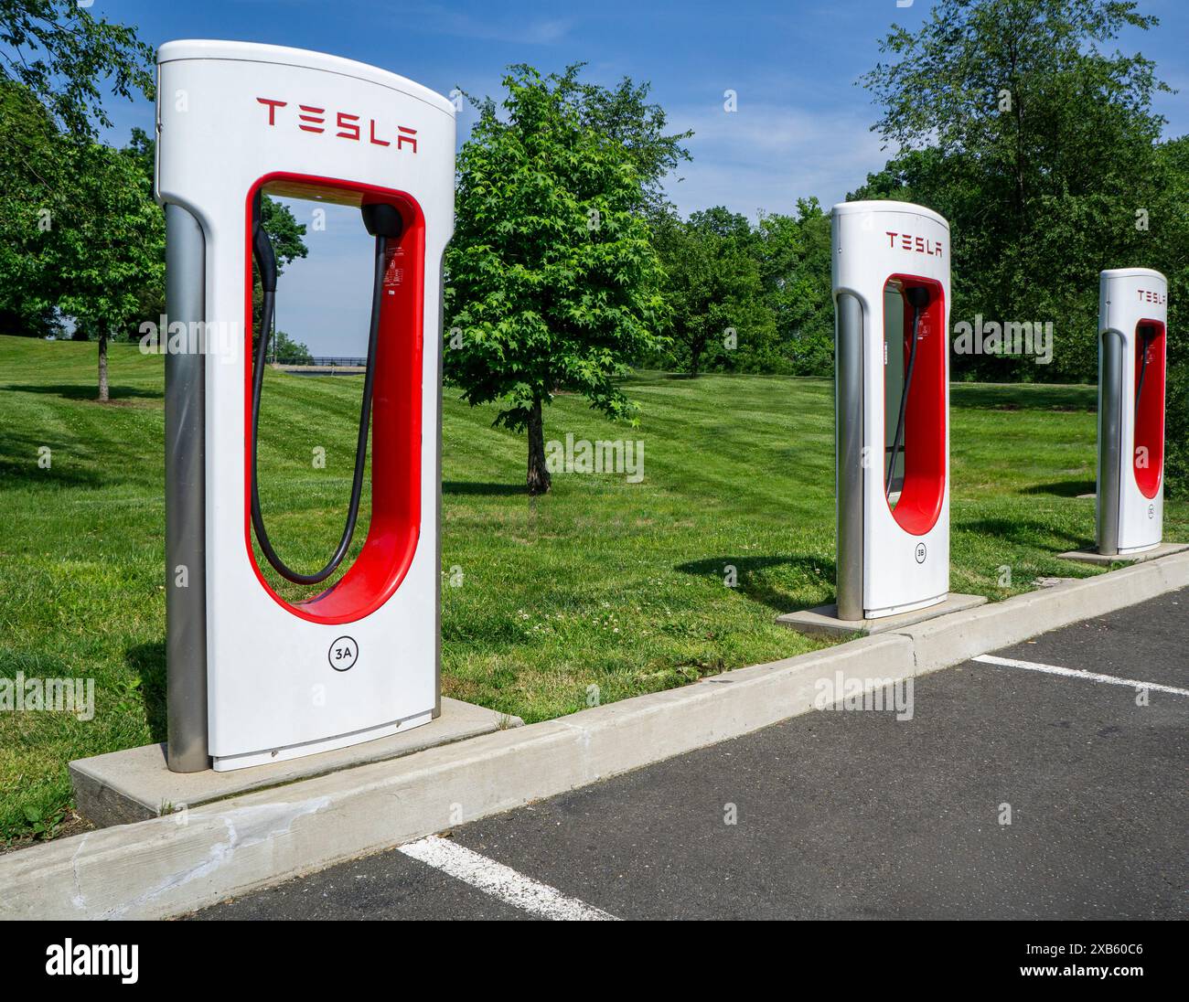 Tesla electric vehicle charging stations, Connecticut, USA Stock Photo