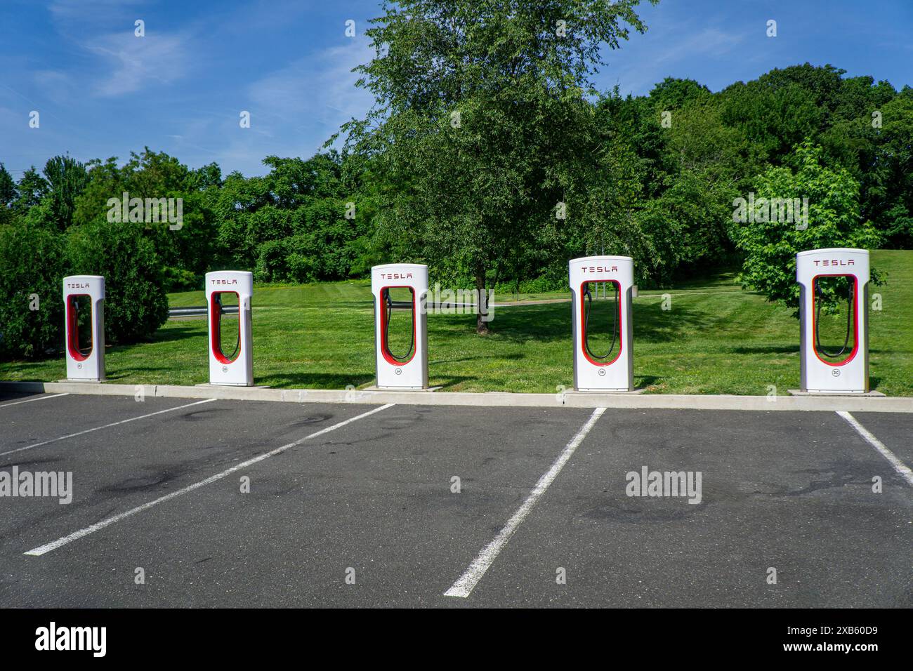 Tesla electric vehicle charging stations, Connecticut, USA Stock Photo