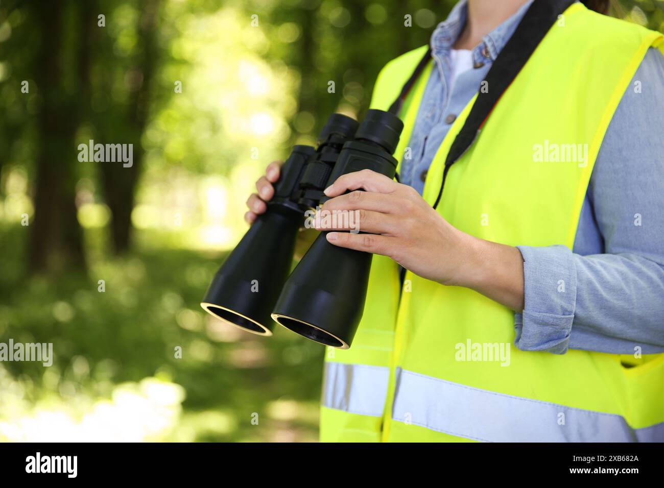 Forest Contrast Microscope Forester with binoculars examining plants in forest, closeup. Space for ...