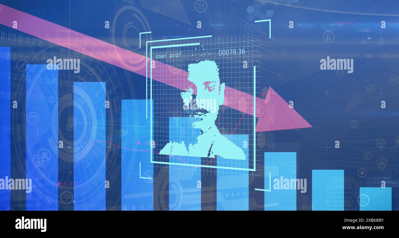 Digital interface with holographic face and data charts on a blue ...