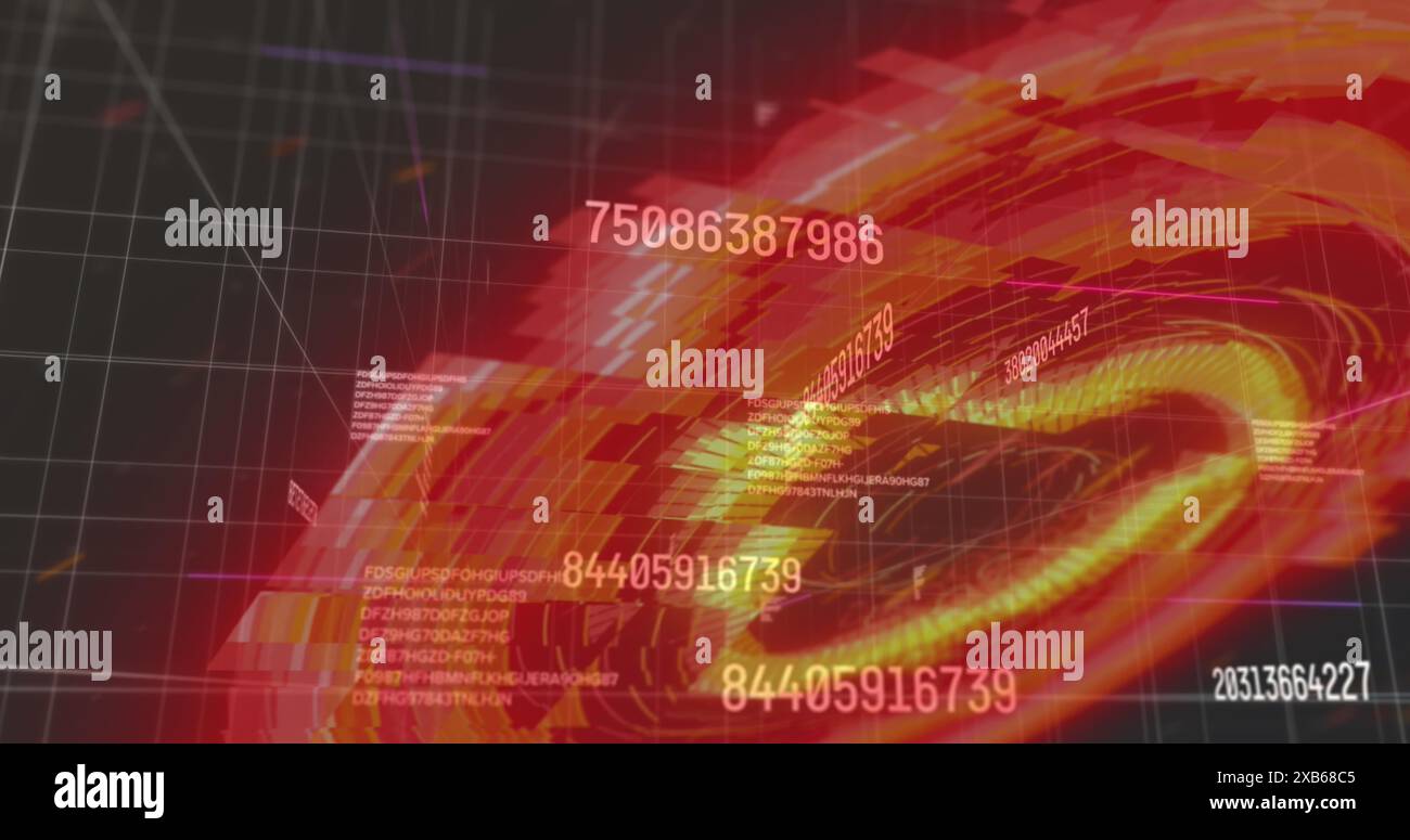 Abstract digital display with red background and orange swirling graphics and numbers Stock Photo