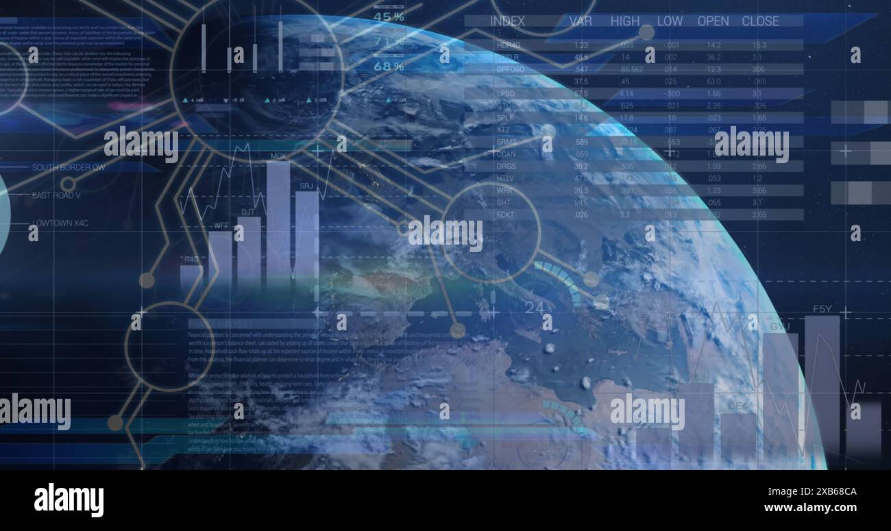 Digital representation of Earth with various data visualizations ...