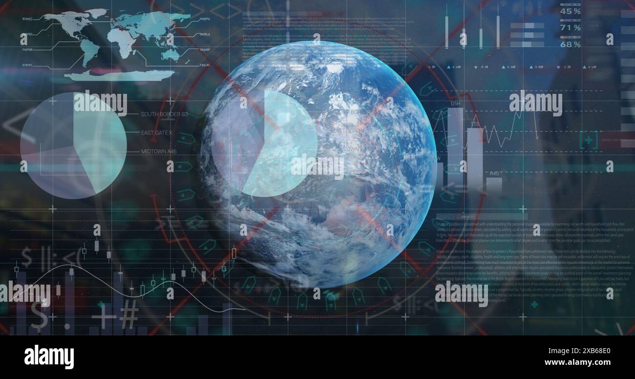 Digital representation of Earth with data visualizations and charts ...