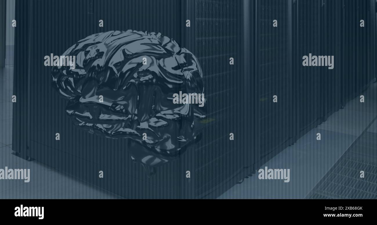 Digital brain illustration overlays server racks in data center Stock Photo