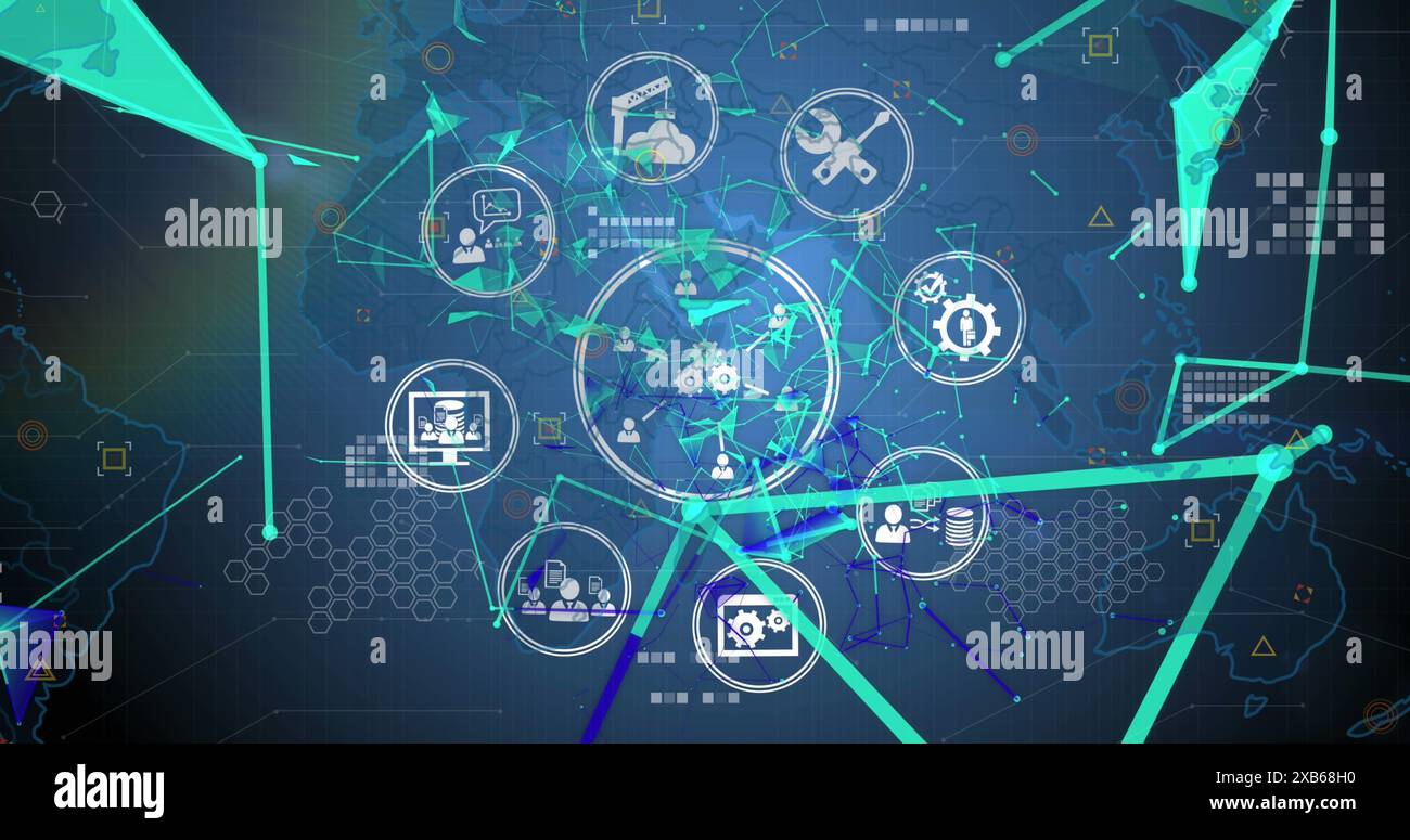 Digital interface displaying various technology and network icons Stock Photo