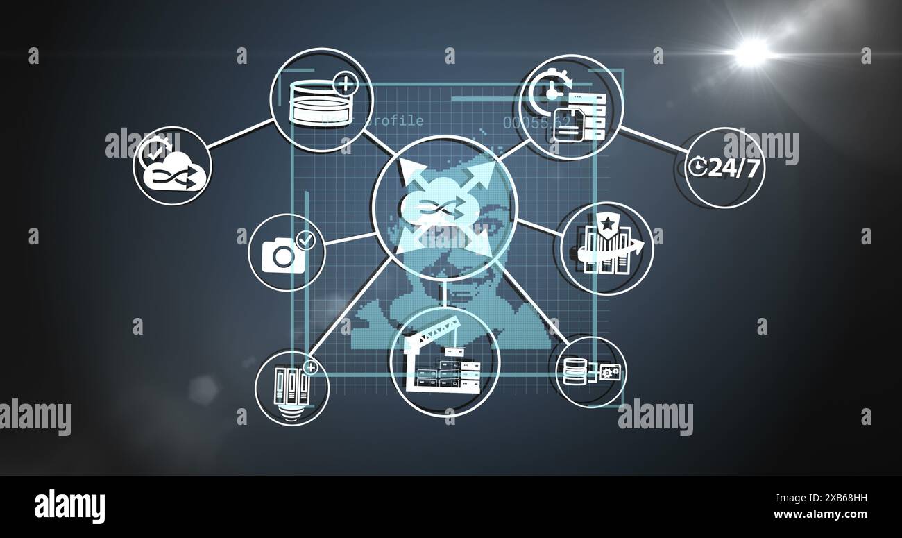 Digital interface showing interconnected icons representing various services and technologies Stock Photo
