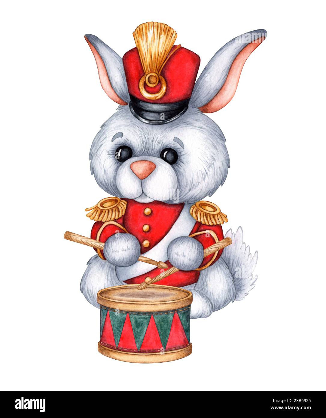 Bunny military hussar in red dress uniform with drum watercolor