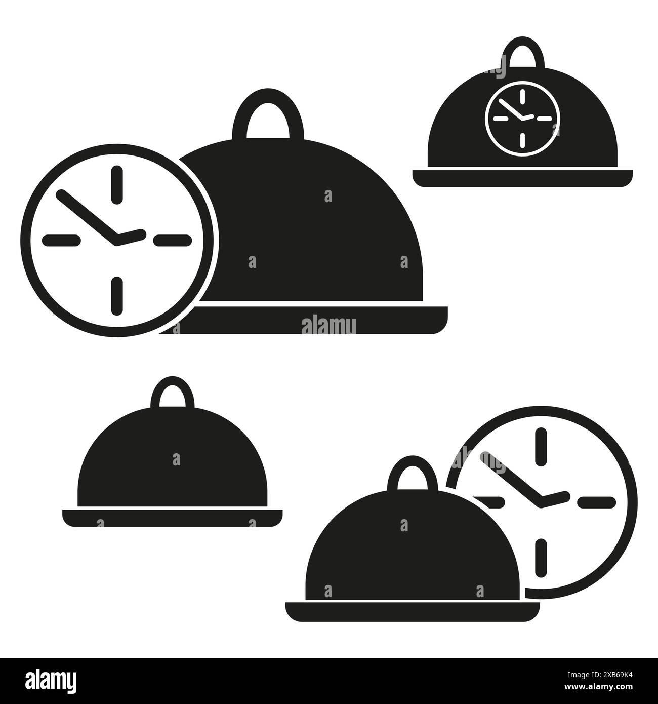 Food service icons. Clock and cloche. Black vector illustrations. Time
