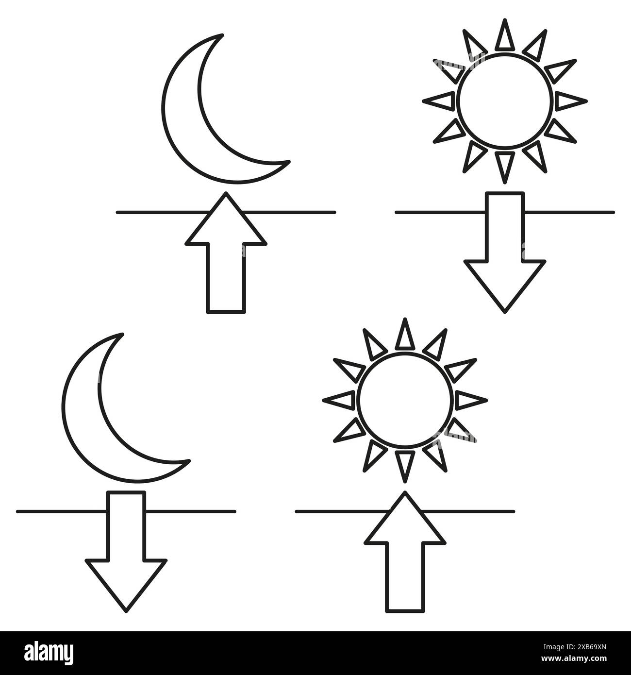 Day and night icons. Sun and moon symbols. Arrows indicating direction