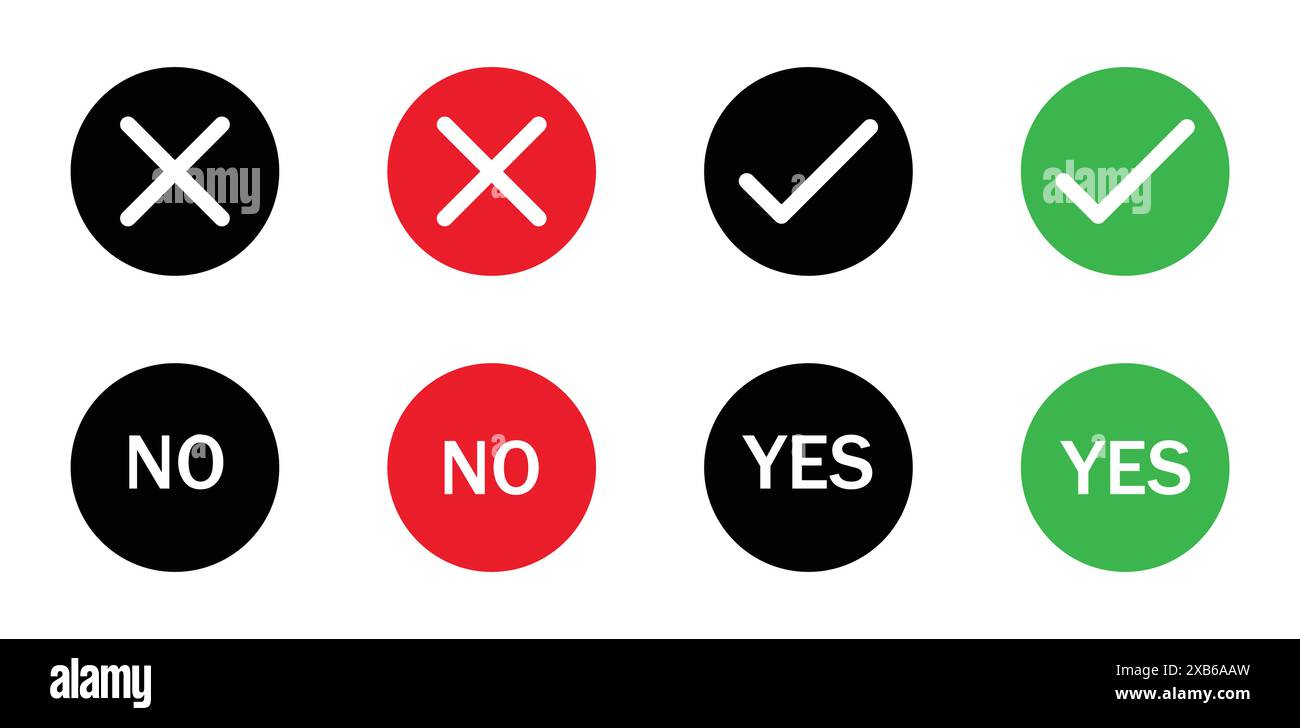 Yes or no vector icon set with black, red, and green color. Tick mark icon. Check mark and cross mark icon set. Like and dislike icon. Stock Vector