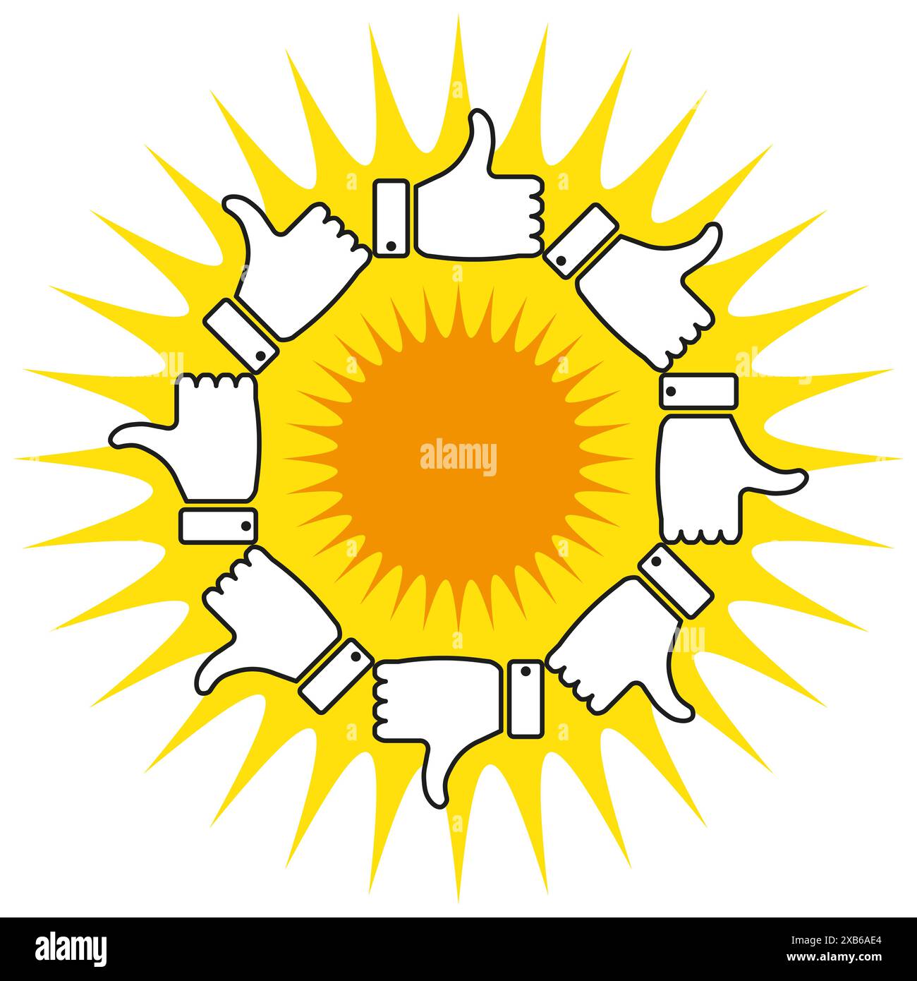 Sunburst with thumbs up and down. Yellow and orange sun rays. Positive ...