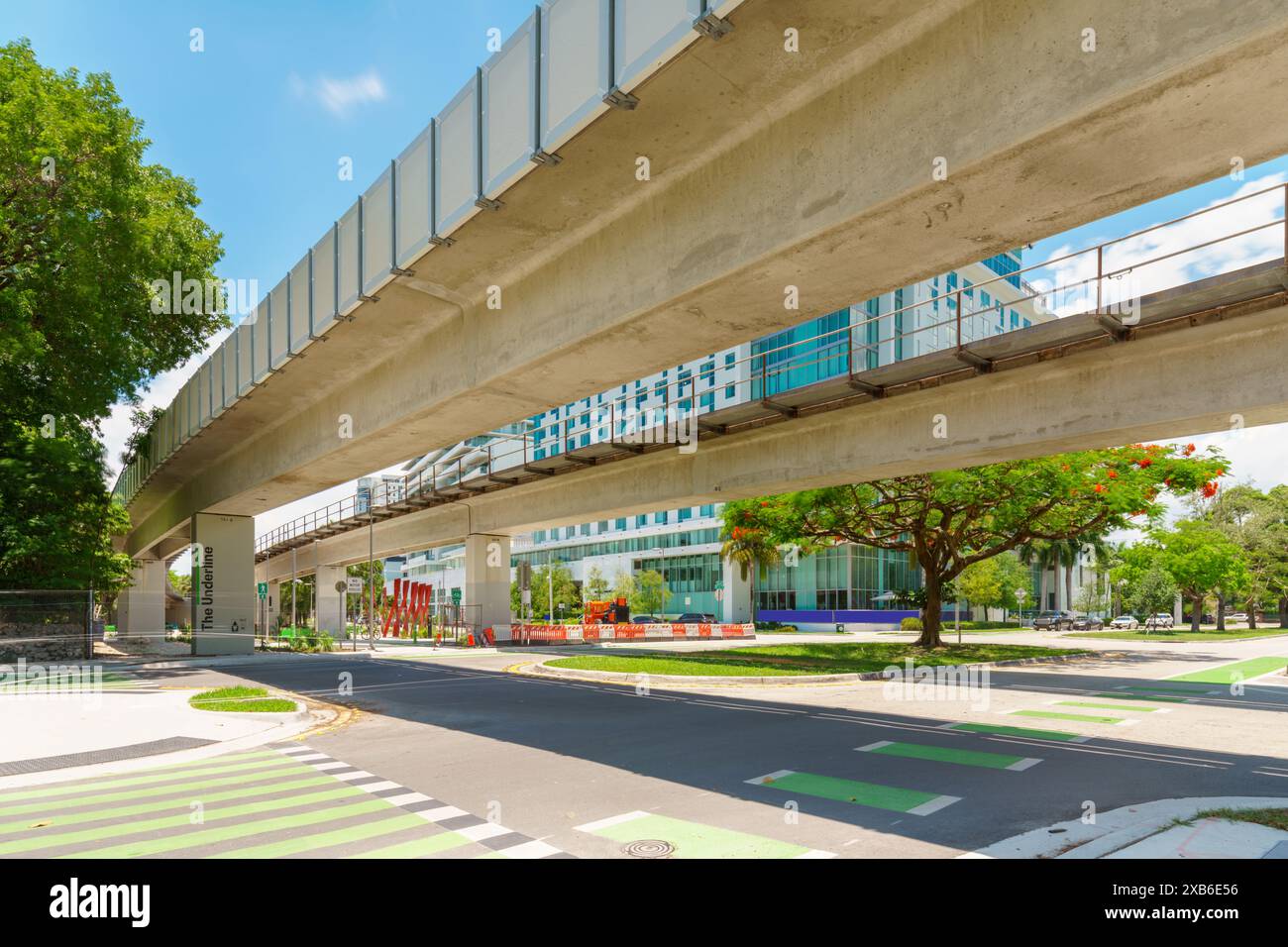 Miami Underline 2024. Scenic pedestrian pathway under the metrorail tram. Florida, USA Stock
