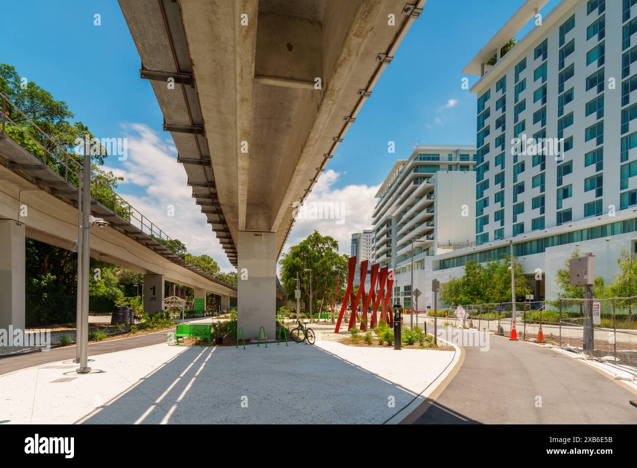 Miami Underline 2024. Scenic pedestrian pathway under the metrorail tram. Florida, USA Stock