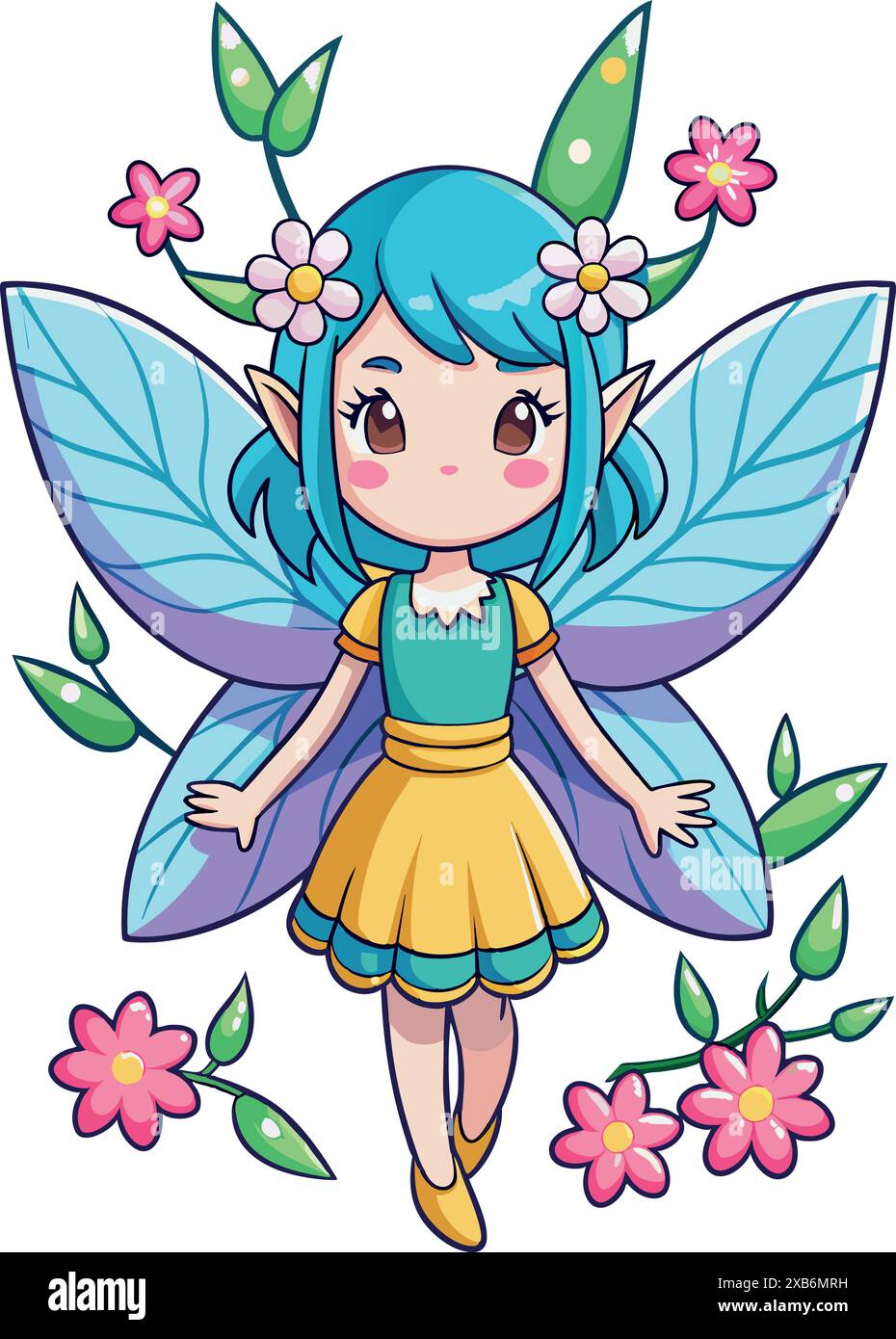 little fairy girl with wings and flowers. Vector illustration Stock