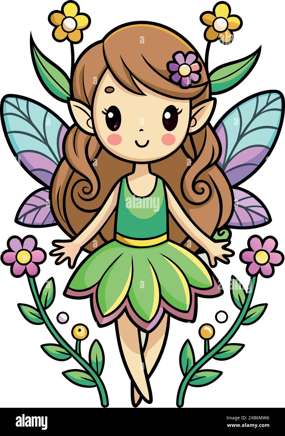 little fairy girl with wings and flowers. Vector illustration Stock