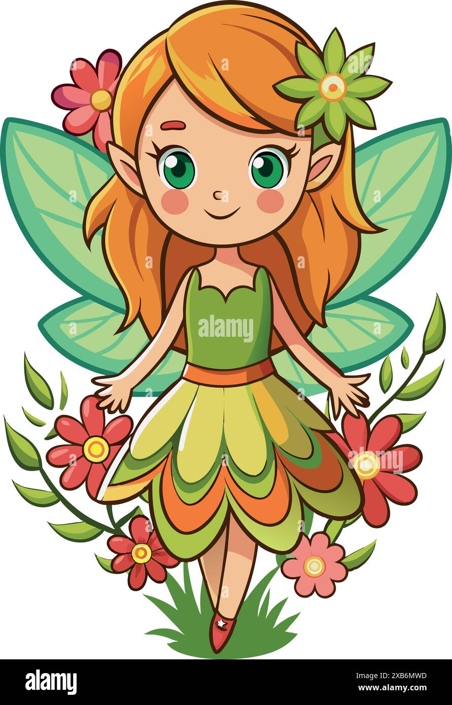little fairy girl with wings and flowers. Vector illustration Stock