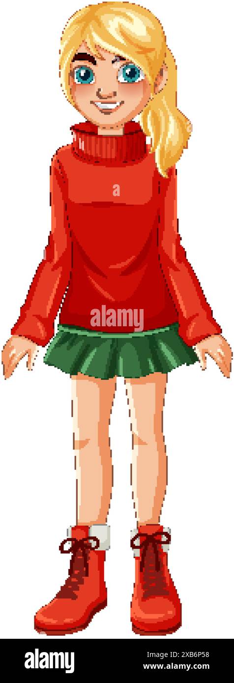 Blonde girl in red sweater and green skirt Stock Vector Image & Art - Alamy
