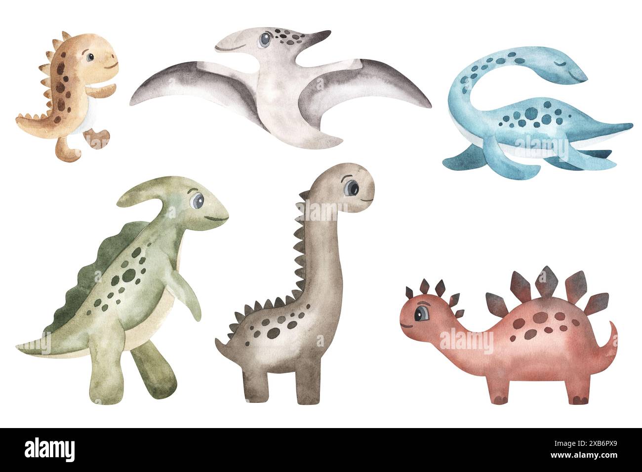 Dinosaurs watercolor illustration set of colorful animals isolated on ...